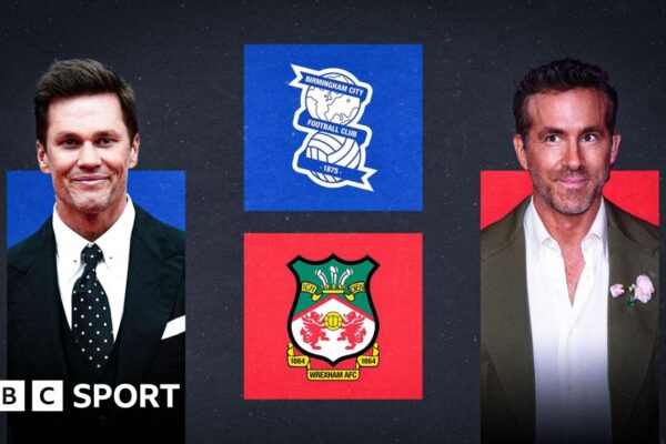 Tom Brady and Ryan Reynolds with Brimingham City and Wrexham club crests