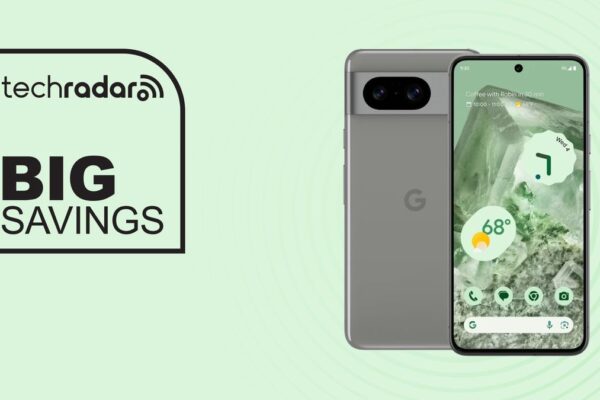 Google Pixel 8 on green background with big savings text overlay