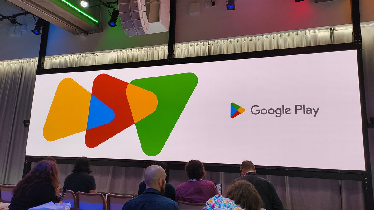 The Google Play Logo on stage at an event in NYC