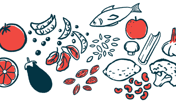 An illustration of a varied diet shows an array of fruits, vegetables, nuts and seeds, and fish.