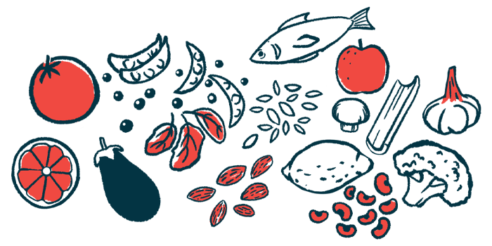 An illustration of a varied diet shows an array of fruits, vegetables, nuts and seeds, and fish.