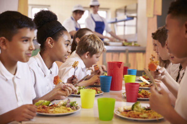 Supporting healthy eating for children and optimal nutrition Primary school kids eat lunch in school cafeteria, close up
