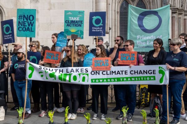 Campaigners against the proposed Whitehaven coal mine outside court during the hearing in July. Pic: Friends of the Earth