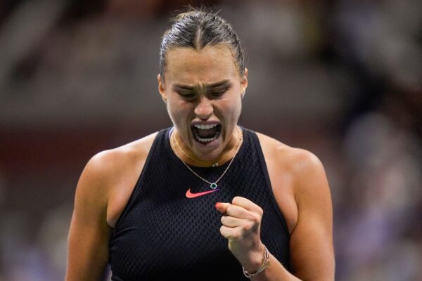 Aryna Sabalenka, of Belarus, reacts after scoring a point against Emma Navarro, of the United States, during the women's singles semifinals of the U.S. Open tennis championships, Thursday, Sept. 5, 2024, in New York. (AP Photo/Julia Nikhinson)