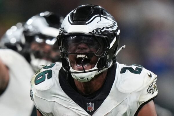 Philadelphia Eagles running back Saquon Barkley found the end zone three times in Brazil