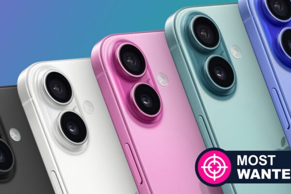 A row of iPhone 16 phones in different colors on a blue background