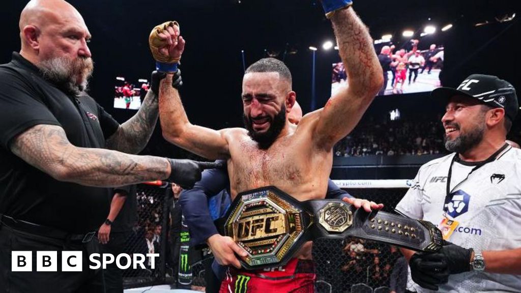 Belal Muhammad celebrates after beating Leon Edwards at UFC 304 in July