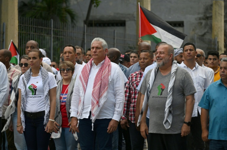 The demonstrators, who included some 250 Palestinian medical students living in Cuba, carried a large banner that read