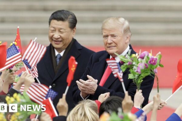 Then-US president Donald Trump and Chinese President Xi Jinping at a ceremony in Beijing in 2017.