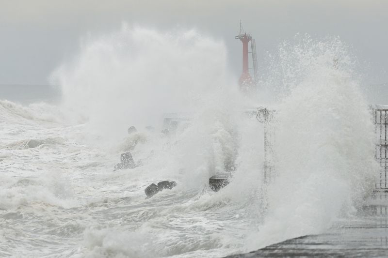 Waves splash as Typhoon Krathon approaches in Kaohsiung