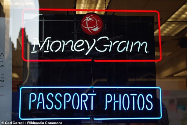 Above, neon signs for MoneyGram's transfer services at a passport photo shop in New York