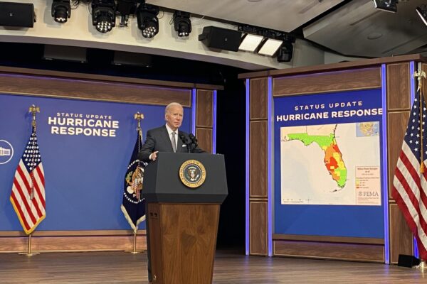 President Joe Biden speaks about the federal government’s response and recovery efforts to hurricane season in the Eisenhower Executive Office Building’s South Court Auditorium on Thursday, Oct. 10, 2024.