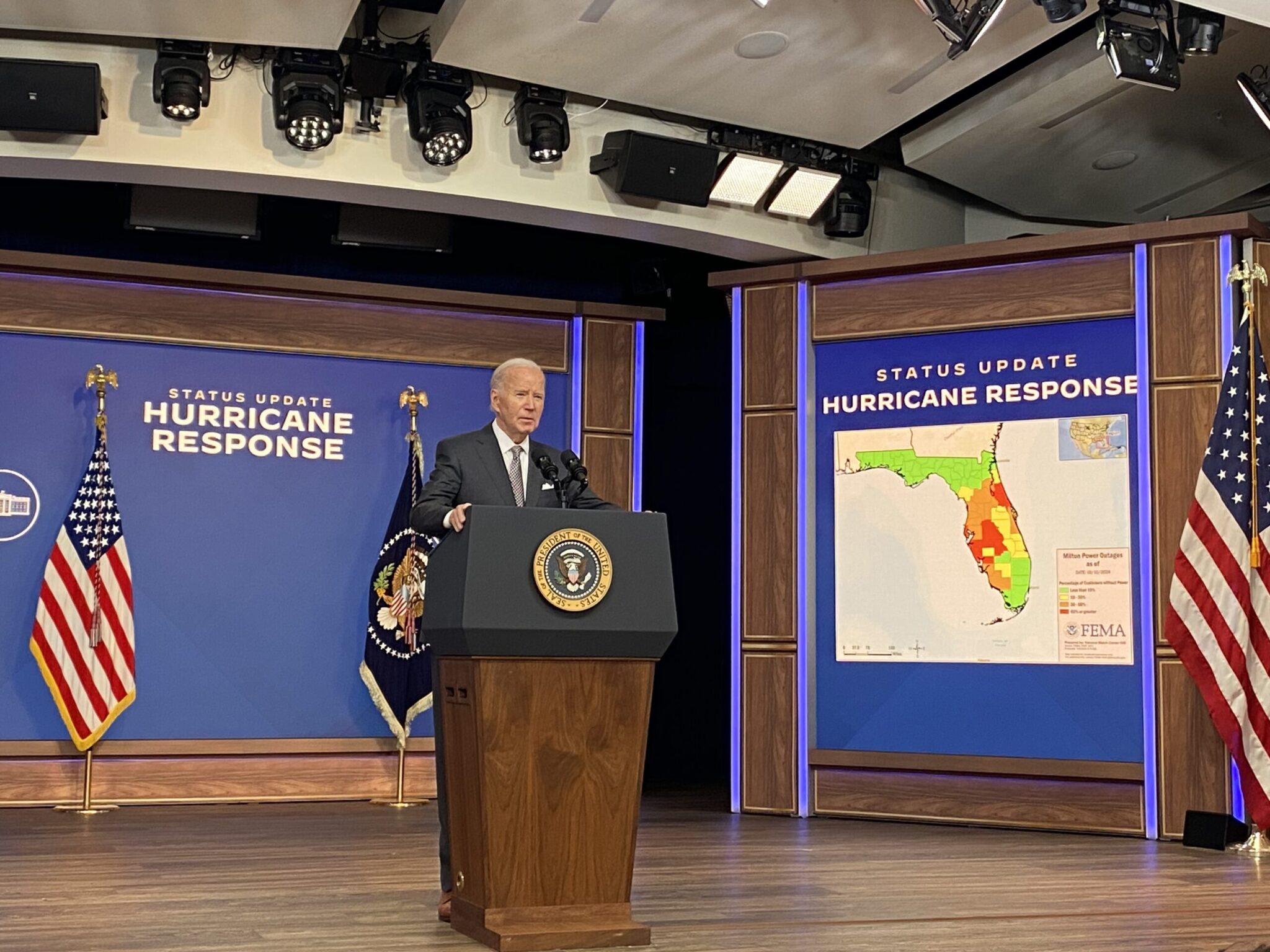 President Joe Biden speaks about the federal government’s response and recovery efforts to hurricane season in the Eisenhower Executive Office Building’s South Court Auditorium on Thursday, Oct. 10, 2024.