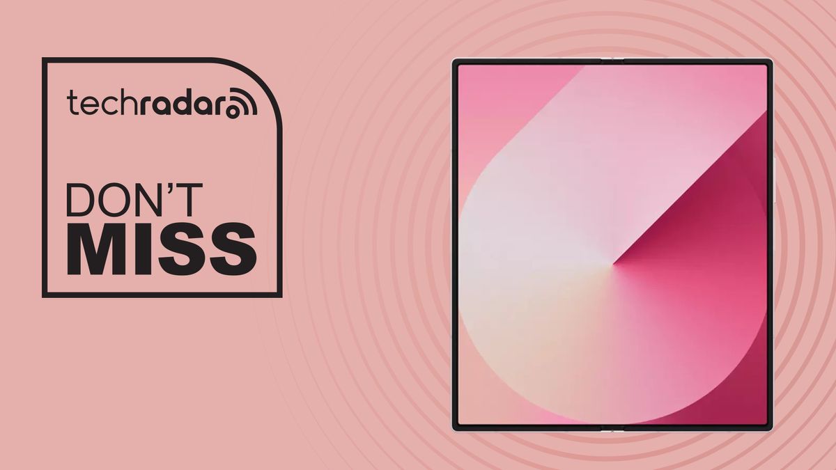 Samsung Galaxy Z Fold 6 on pink background with don't miss text overlay