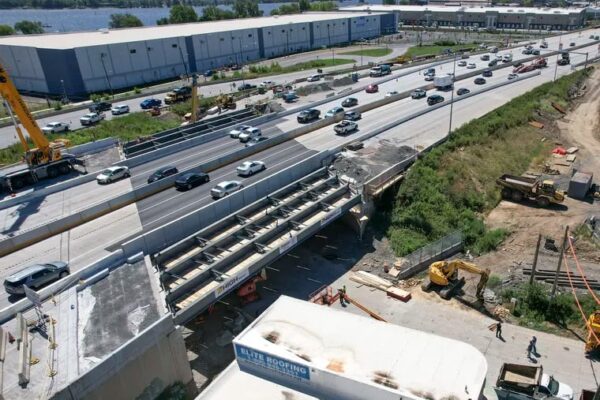 Construction in 2023 on the portion of I-95 that collapsed in Philadelphia after a truck caught fire under the overpass.