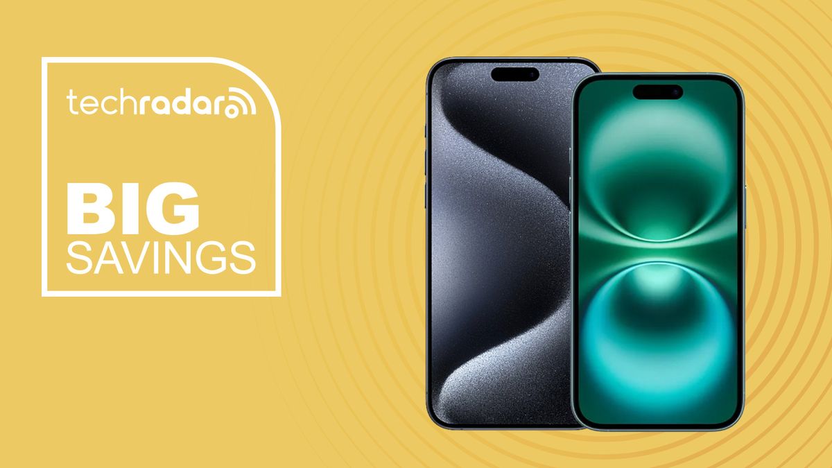 Apple iPhone 16 and iPhone 15 Pro Max on yellow background with big savings text overlay