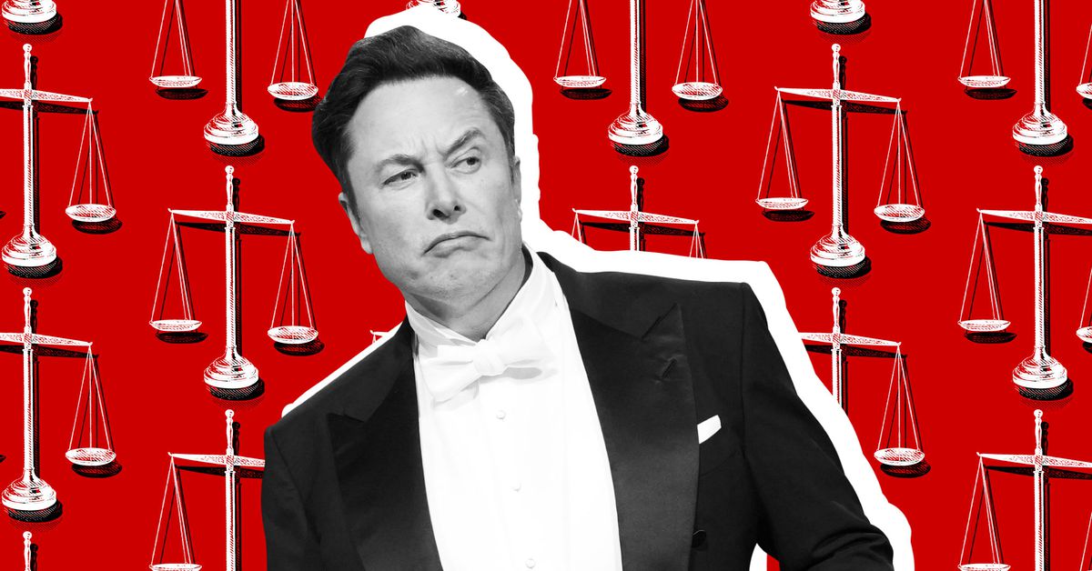 An image of Elon Musk in a tuxedo making an odd face. The background is red with weight scales on it.