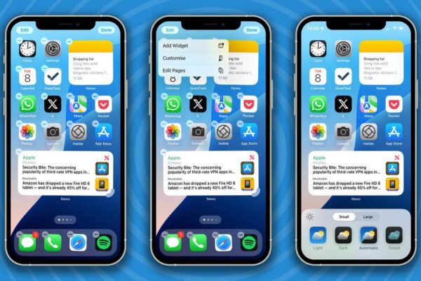 Several iPhones against a blue background, each showing different ways to edit the Home Screen in iOS 18.