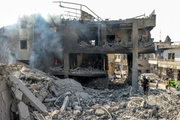 A building destroyed by an Israeli air strike on the village of Qana in southern Lebanon (Bilal KASHMAR)