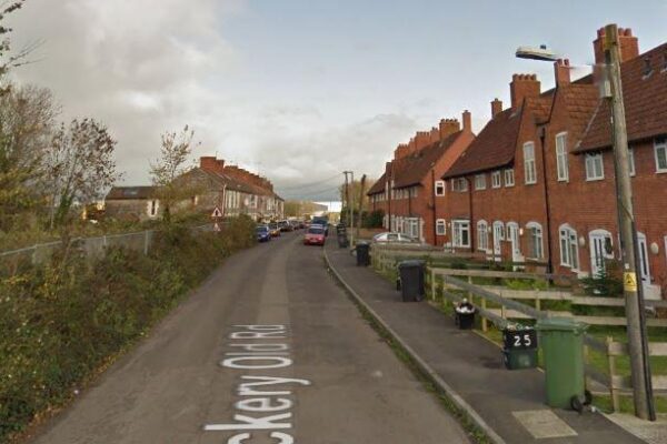General view of road with red terrace homes along one side and green bushes on the other.