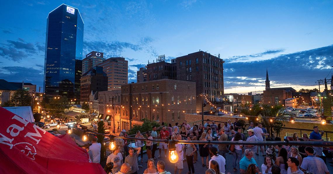 A third-story rooftop bar was added to Belle’s Cocktail House in 2016 overlooking the downtown Lexington skyline. It was damaged in a fire in August 2018 but reopened the next month.