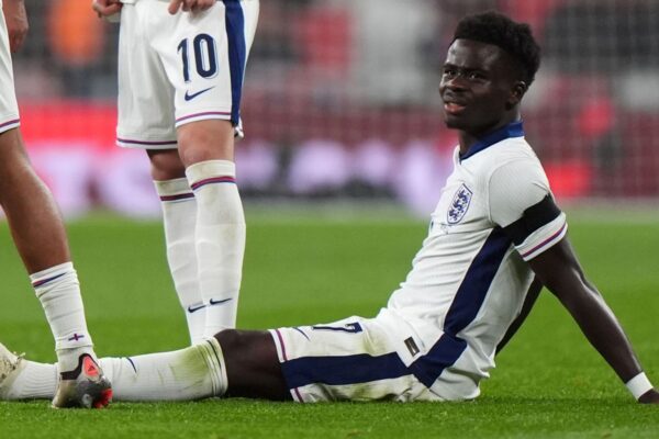 Bukayo Saka was injured playing for England against Greece at Wembley