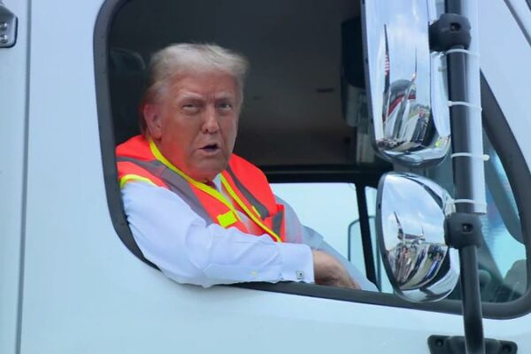 Video: Donald Trump speaks from campaign-branded garbage truck