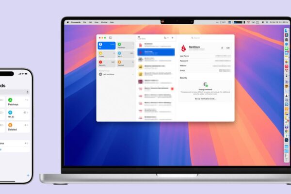 An iPhone and a MacBook Pro, both with the Passwords app visible.