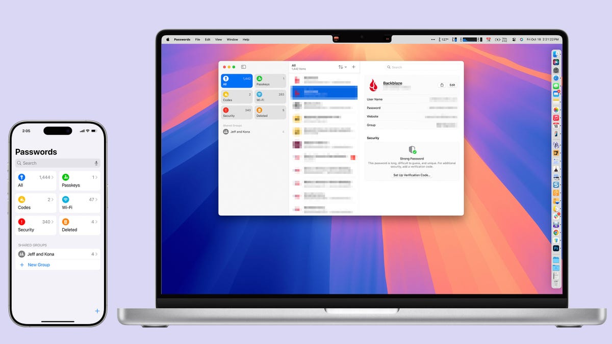 An iPhone and a MacBook Pro, both with the Passwords app visible.