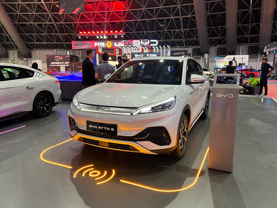 BYD's Atto 3 compact SUV is on display at the Jeddah International Motor Show in Jeddah, Saudi Arabia on Oct. 29. [SARAH CHEA]