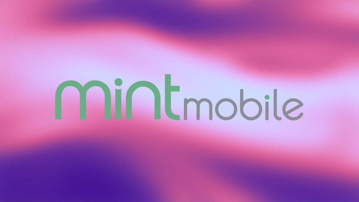 The Mint Mobile logo over an abstract pink and purple background.