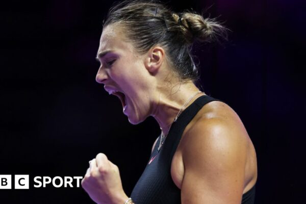 Aryna Sabalenka celebrates a point at the WTA Finals