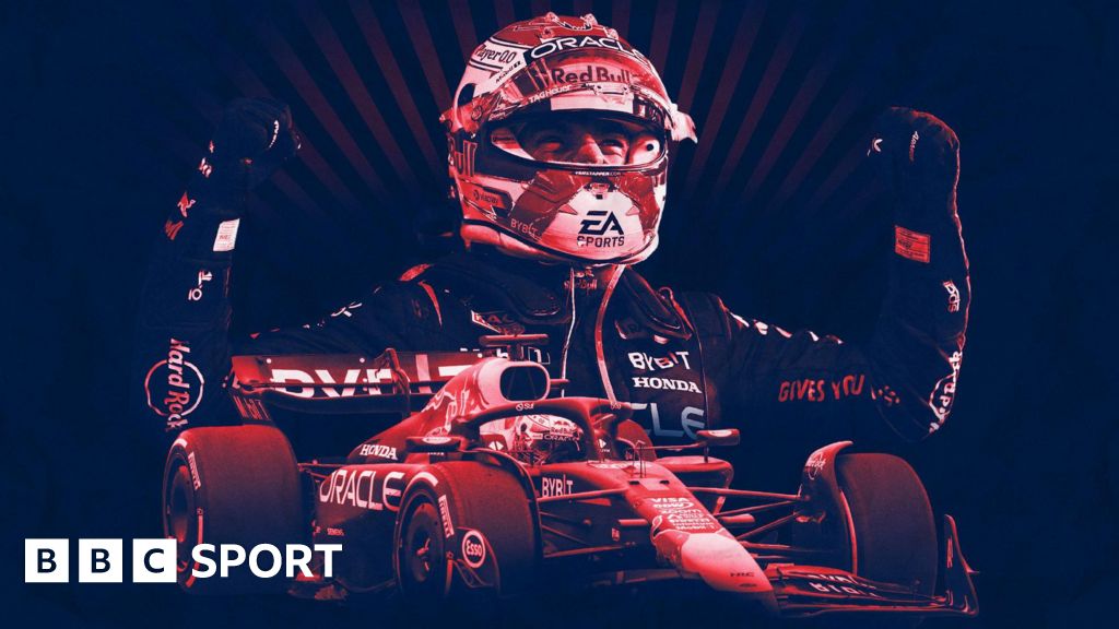 Graphic image showing Max Verstappen celebrating by clenching his fists above a picture of him driving his Red Bull