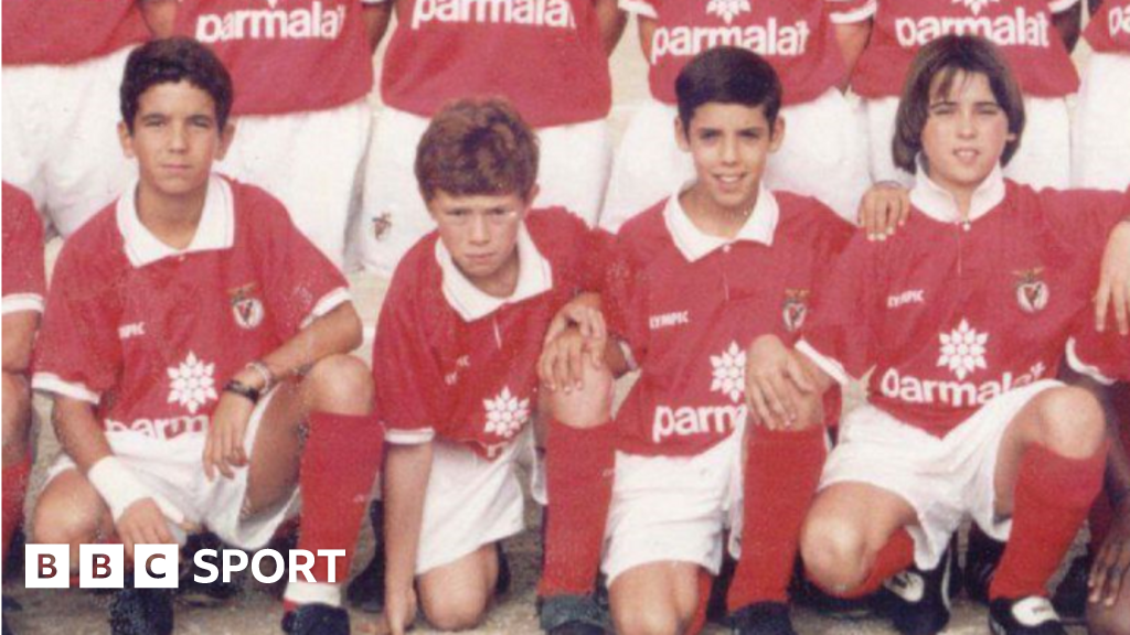 Ruben Amorim (left) pictured in the Benfica boys' team along with friends Bruno Simao (second right) and Pedro Russiano (right)