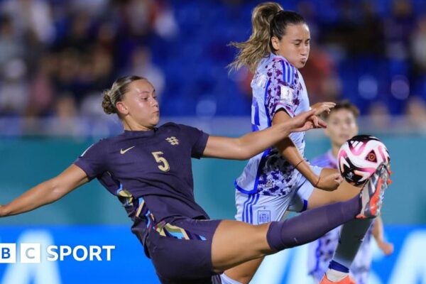 Women’s U17 World Cup: England lose against Spain in semi-finals Zara Shaw competes for the ball against Alba Cerrato