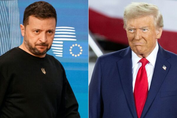 (COMBO) This combination of pictures created on November 07, 2024 shows Ukraine's president Volodymyr Zelensky (L) arrives to give a press conference on the sideline of a EU summit in Brussels, on October 17, 2024, and former US President and Republican presidential candidate Donald Trump (L) arrives to speak during a campaign rally at the J.S. Dorton Arena in Raleigh, North Carolina, on November 4, 2024. Ukrainian President Volodymyr Zelensky on November 7, 2024 said it would be 'unacceptable' for Europe to offer the Kremlin concessions to halt its invasion of Ukraine, after Moscow demanded the West enter direct talks on ending the war. Kyiv is scrambling to up the pressure on its allies for more support in its fight against Moscow following Donald Trump's victory in this week's US presidential election, which has raised doubts about future US assistance. Ukrainian leader Volodymyr Zelensky said he congratulated US President-elect Donald Trump in an 'excellent' call on November 6, 2024, after the Republican swept to victory in the US election. (Photo by Ludovic MARIN and Ryan M. Kelly / AFP)