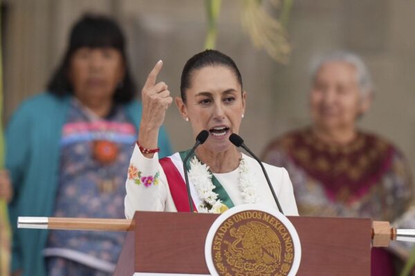 Newly sworn-in President Claudia Sheinbaum addresses supporters in the Zócalo, Mexico City's main square, on Oct. 1, 2024. (AP Photo/Fernando Llano, File)