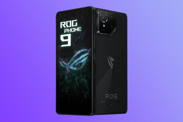 The ROG Phone 9 on a blue and purple background