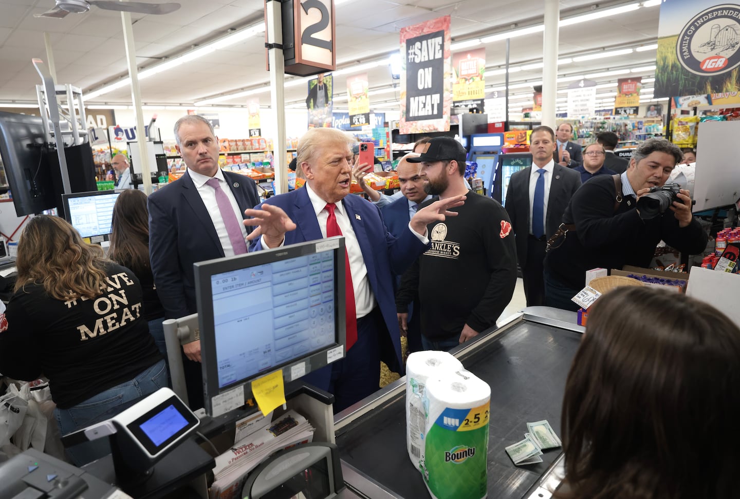 Donald Trump highlighted inflation's effects on grocery prices in a campaign visit to Sprankle's Neighborhood Market in Kittanning, Pa..