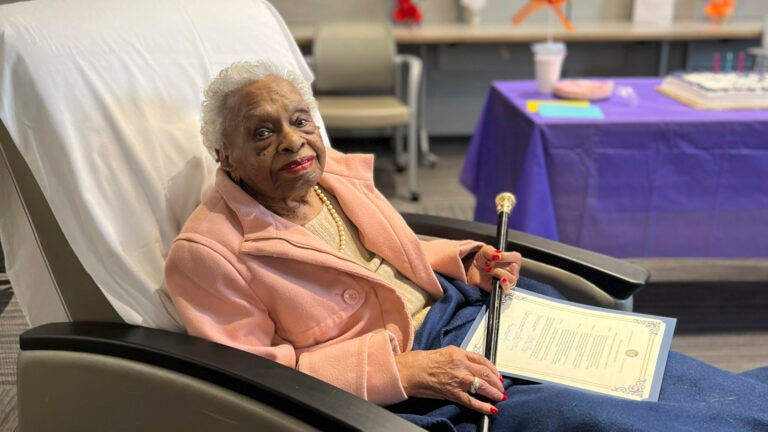 Herlda Senhouse at her 113th birthday celebration on Feb. 28, 2024, in Wellesley.