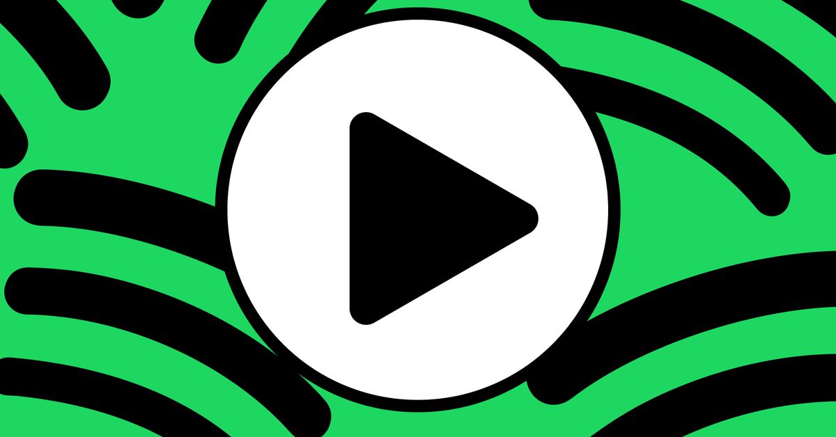 Vector illustration of a play button with the Spotify logo.