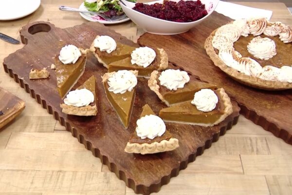 Pumpkin pie, cranberry sauce, and salad served in the kitchen of Intermountain Health....