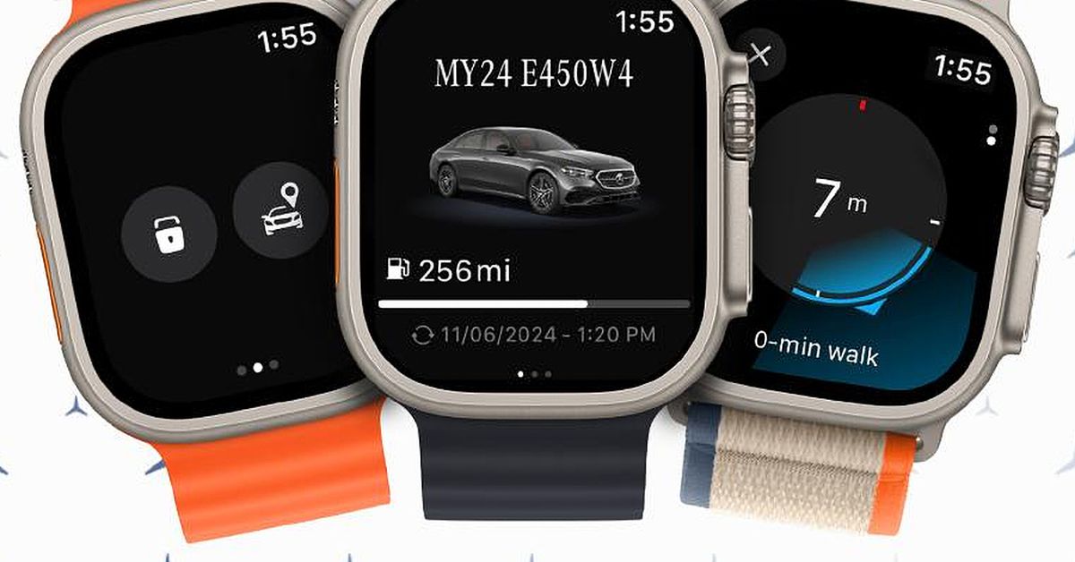 The new Mercedes-Benz Apple Watch app shown running on three Apple Watch Ultra models.