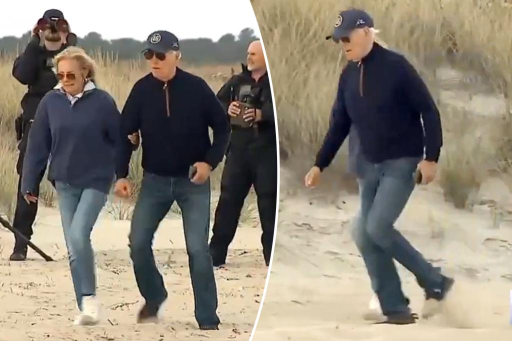 Biden stumbles multiple times -- needs assist from Jill -- as he struggles to walk on sandy Delaware beach