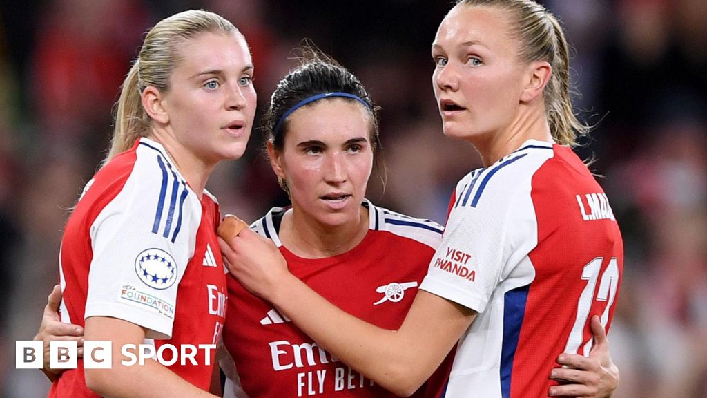 Arsenal's Mariona Caldentey celebrates scoring with Alessia Russo and Frida Maanum during Uefa Women's Champions League match against Valerenga at Emirates Stadium