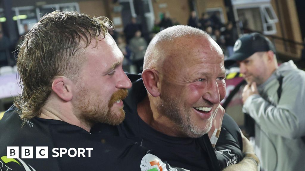 Steve Diamond (centre) being hugged by flanker Tom Gordon after a Newcastle Falcons victory