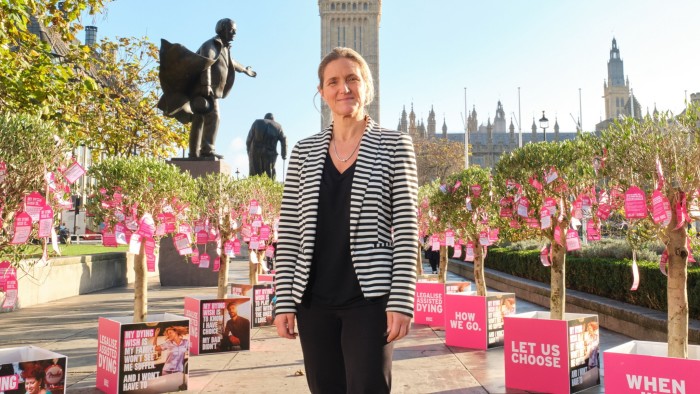 Kim Leadbeater visits trees bearing 650 dying wishes placed at Parliament Square, London, by Dignity in Dying, a campaign group supporting the legalisation of assisted dying