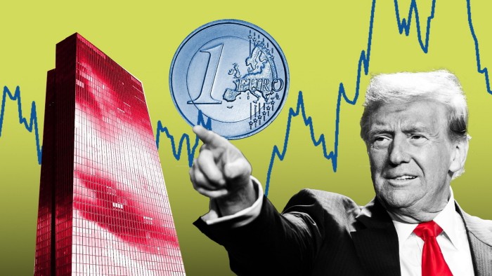 A montage of the European Central Bank building, a Euro coin and Donald Trump