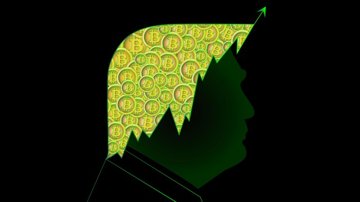 Efi Chalikopoulou illustration of Trump’s hairline shaped by an economy line going up while bitcoins are shaping his golden hair.