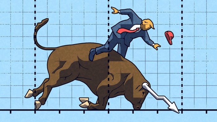 Illustration of Trump riding a crashing stock market bull with his Maga hat flying off